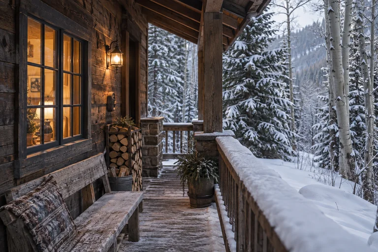 AI-generated cedar cabin porch overlooking snowy evergreens