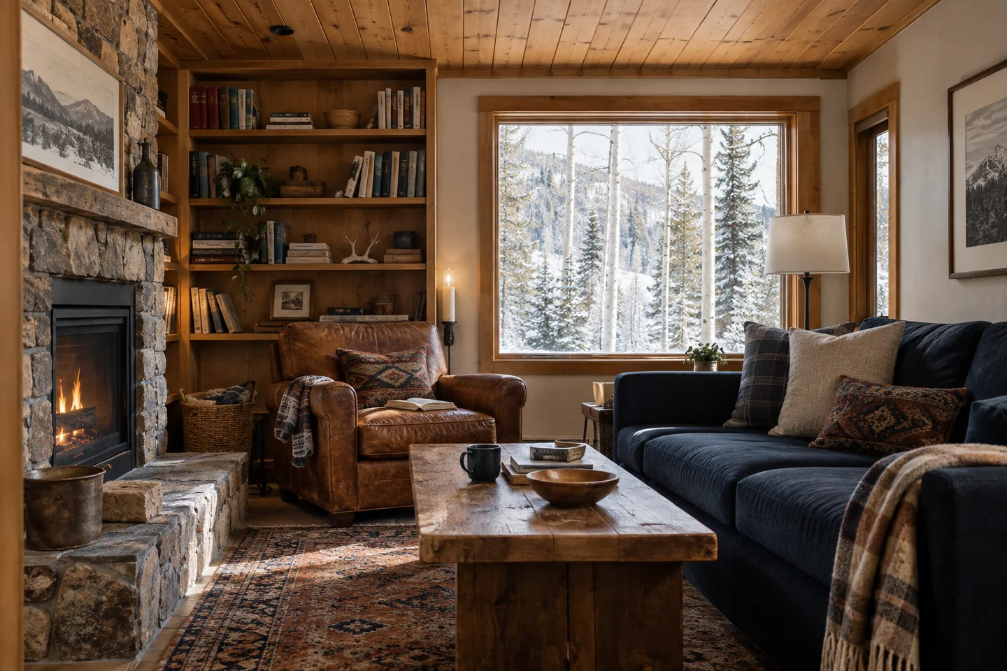 AI-generated timber-lined living room with a stone hearth and a view of snowy aspens